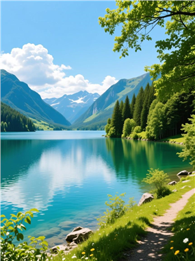 夏季山水湖泊风景摄影图片